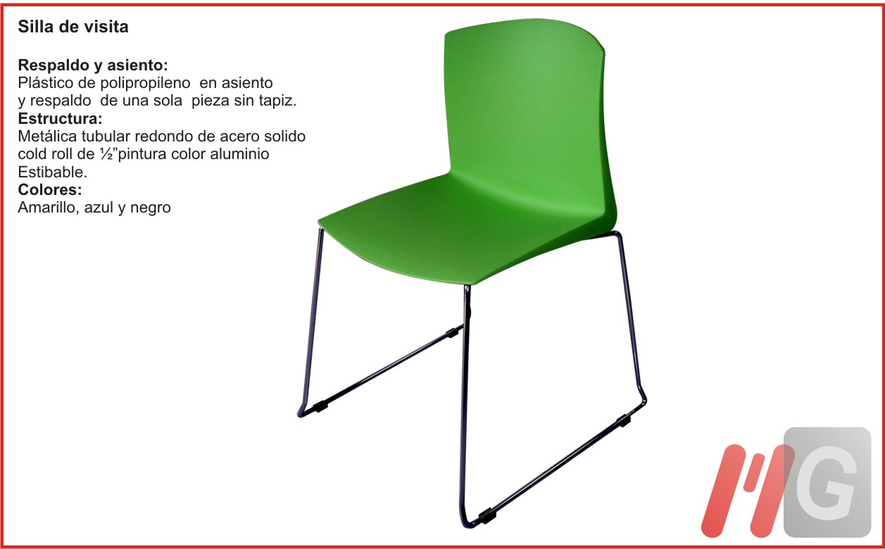 Silla de visita respaldo y asiento plastica de polipropileno en asiento y respaldo de una sola pieza sin tapiz. Estructura metalica tubular redondo de acero solido.